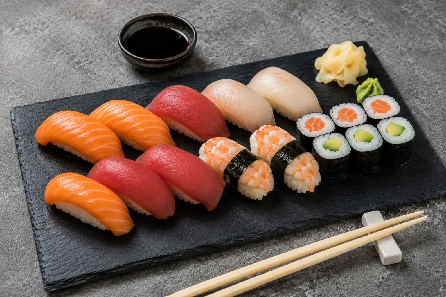 das Bild zeigt eine Sushi-Auswahl auf einer Schieferplatte